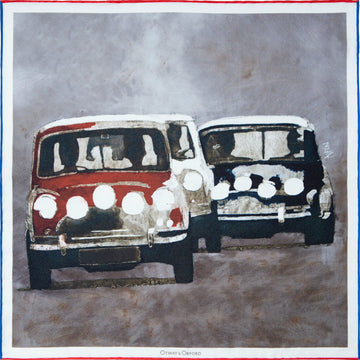 'Put Your Foot Down' Classic Cars Silk Pocket Square in Red, White, Blue & Grey (42 x 42cm)