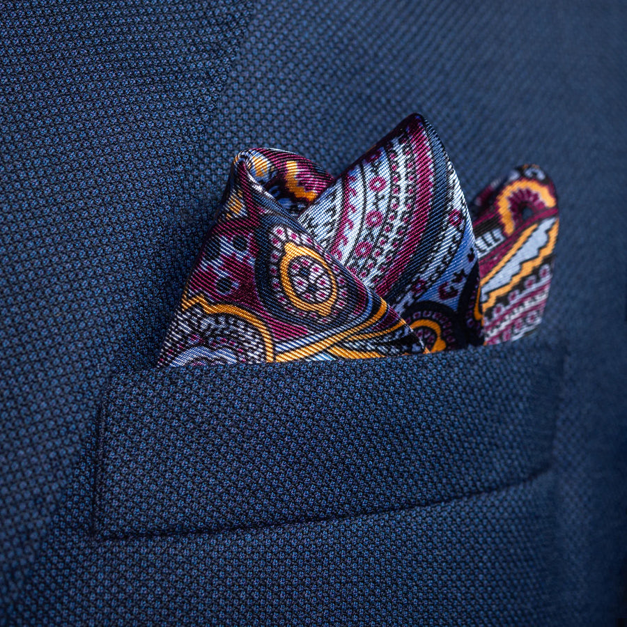 'Labyrinth' Paisley Silk Pocket Square in Blue, Burgundy & Gold (42 x 42cm)