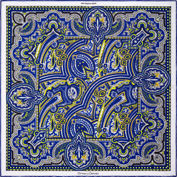 'Labyrinth' Paisley Silk Pocket Square in Blue, White, Lime Green & Orange (42 x 42cm)