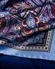 'Labyrinth' Paisley Silk Pocket Square in Blue, Burgundy & Gold (42 x 42cm)