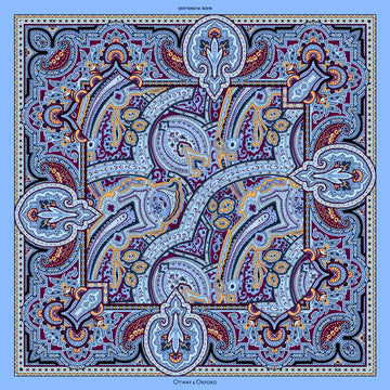 'Labyrinth' Paisley Silk Pocket Square in Blue, Burgundy & Gold (42 x 42cm)