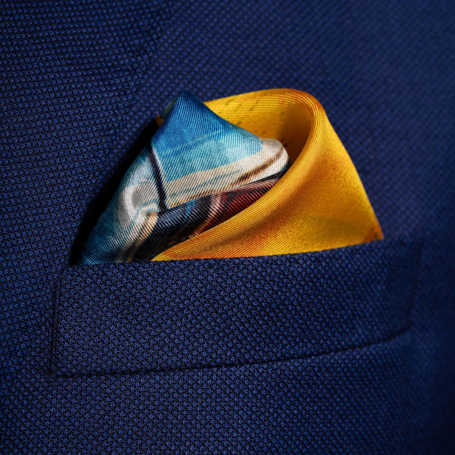 'Muscle Car' Silk Pocket Square in Blue & Orange (42 x 42cm)