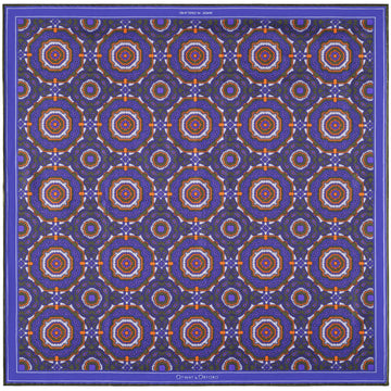 'Whirligig' Medallion Silk Pocket Square in Blue, Orange & Green (42 x 42cm)