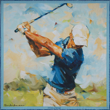 'Golf Swing' Silk Pocket Square in Blue & Green (42 x 42cm)