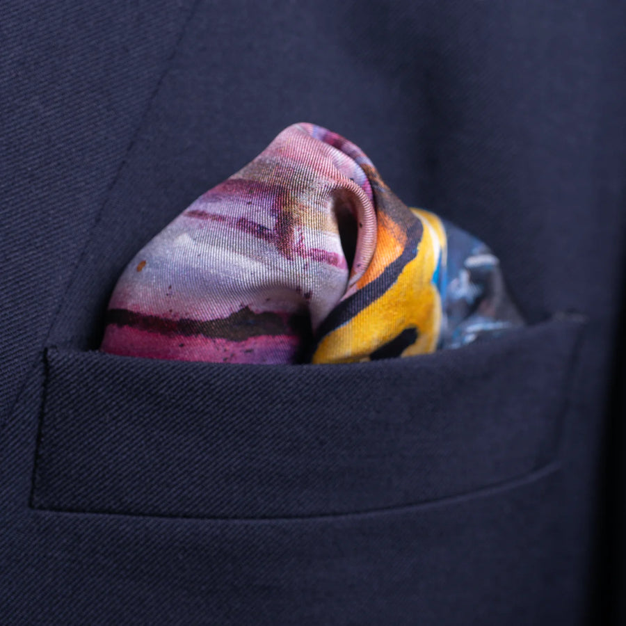 'Neck And Neck' Horse Racing Silk Pocket Square in Purple, Green & Brown (42 x 42cm)