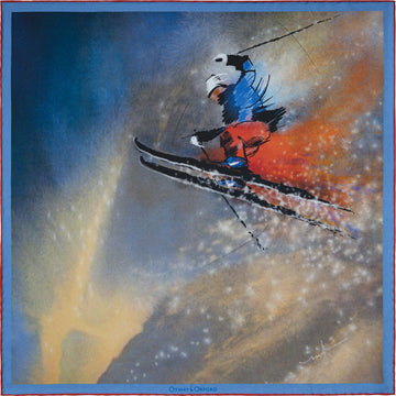 'The Jump' Skiing Silk Pocket Square in Blue with Red & Gold (42 x 42cm)