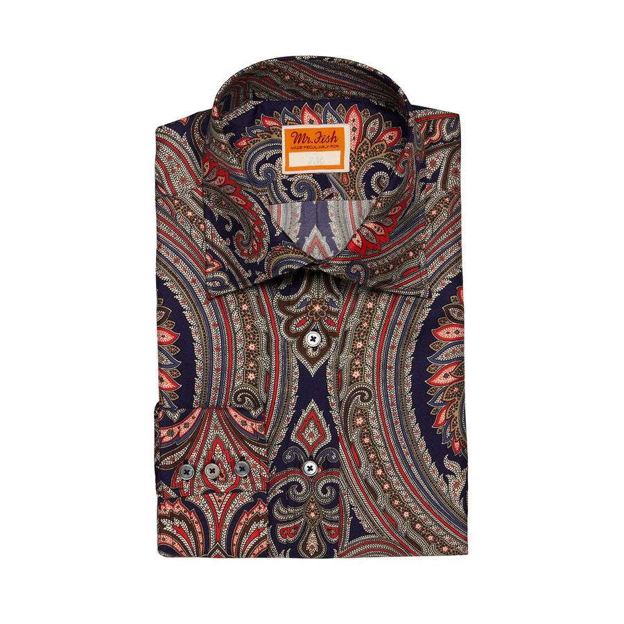 Navy & Red Paisley Print Silk Shirt